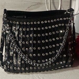 Ladies Faux Leather Studded Fringe Shoulder Bag Black , Hobo Bag